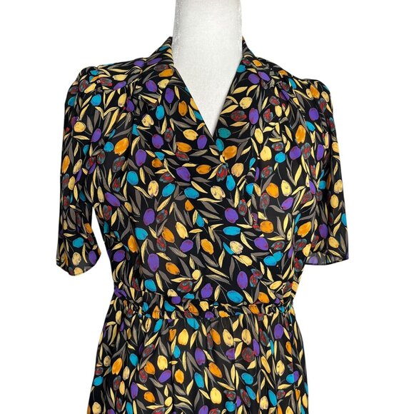 Vintage 80s Stuart Alan Midi Dress Size Medium Black Floral Pockets Short Sleeve - Picture 2 of 6